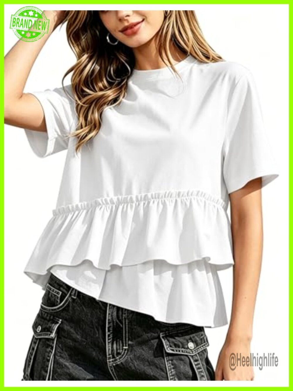 Womens Peplum Babydoll Top Short Sleeve Peruvian Cotton Ruffle Hem T-Shirt